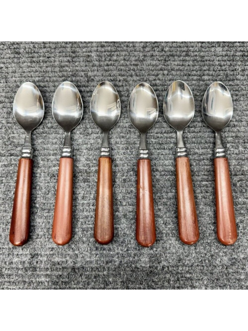 Faberware Silverware Lot Of 6 Spoons Faux Wood Brown Handle Set Oval Vintage - Picture 2 of 7